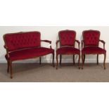 20th century French style stained beech framed three piece salon suite; two seat settee (W121cm),