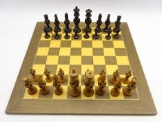 Carved and pierced wooden chess set and wooden chess board 55cm x 55cm.