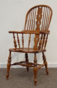 19th century high back Windsor armchair, stick and pierced splat back,