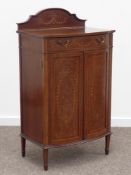 Edwardian inlaid mahogany bow front music cabinet, stepped arched raised back,