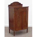 Edwardian inlaid mahogany bow front music cabinet, stepped arched raised back,