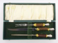 Mahogany sewing box with lift out tray and brass handles W36cm and a 3 piece carving set,