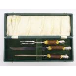 Mahogany sewing box with lift out tray and brass handles W36cm and a 3 piece carving set,