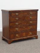 George II style walnut bachelors chest, figured and feather banded fold over top, five long drawers,