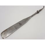 Late 17th Century steel potato rake with shaped handle L36cm