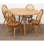 Ercol light elm and beech dining table, oval drop leaf top (114cm x 125cm, H72cm),