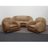 1930s Art Deco three piece lounge suite with upholstered cloud fan backs and curved arm rests,