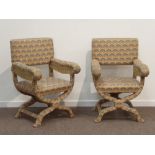 Pair 20th century shaped x-framed bishop's armchairs,