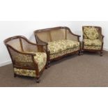 Early 20th century bergere three piece lounge suite - two seat settee (W126cm),