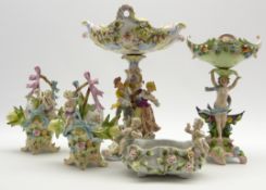 Continental porcelain Comport decorated with applied flowers and figures, etc.