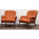 Pair of Ercol easy chairs, stained beach frames with upholstered loose cushions,