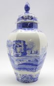 Spode Italian pattern blue and white panel sided vase and cover H40cm