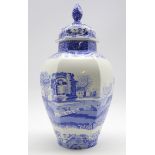 Spode Italian pattern blue and white panel sided vase and cover H40cm