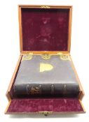 Victorian Holy Bible with presentation plaque and metal mounts in a fall front mahogany box 38cm x