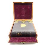 Victorian Holy Bible with presentation plaque and metal mounts in a fall front mahogany box 38cm x