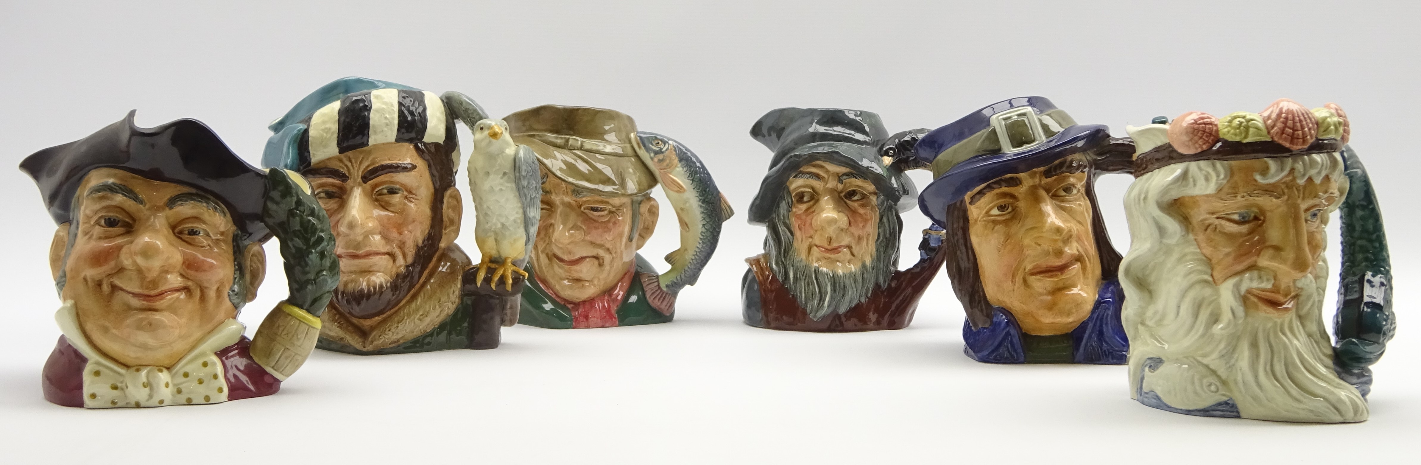 Six Royal Doulton Character jugs: The Falconer, The Poacher, Gulliver, Rip Van Winkle,