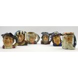 Six Royal Doulton Character jugs: The Falconer, The Poacher, Gulliver, Rip Van Winkle,