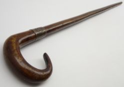 Walking stick with crook handle with a metal collar inscribed 'Made from oak and copper from