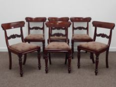 Set six Victorian figured mahogany dining chairs, scroll carved middle rails,