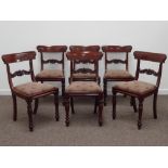 Set six Victorian figured mahogany dining chairs, scroll carved middle rails,