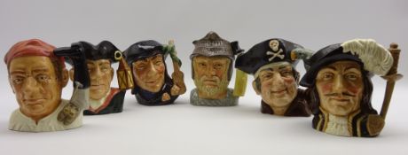 Six Royal Doulton Character jugs: Bootmaker, Night Watchman,Scaramouche, Athos,