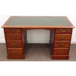 20th century mahogany twin pedestal desk, moulded rectangular top with leather inset, eight drawers,