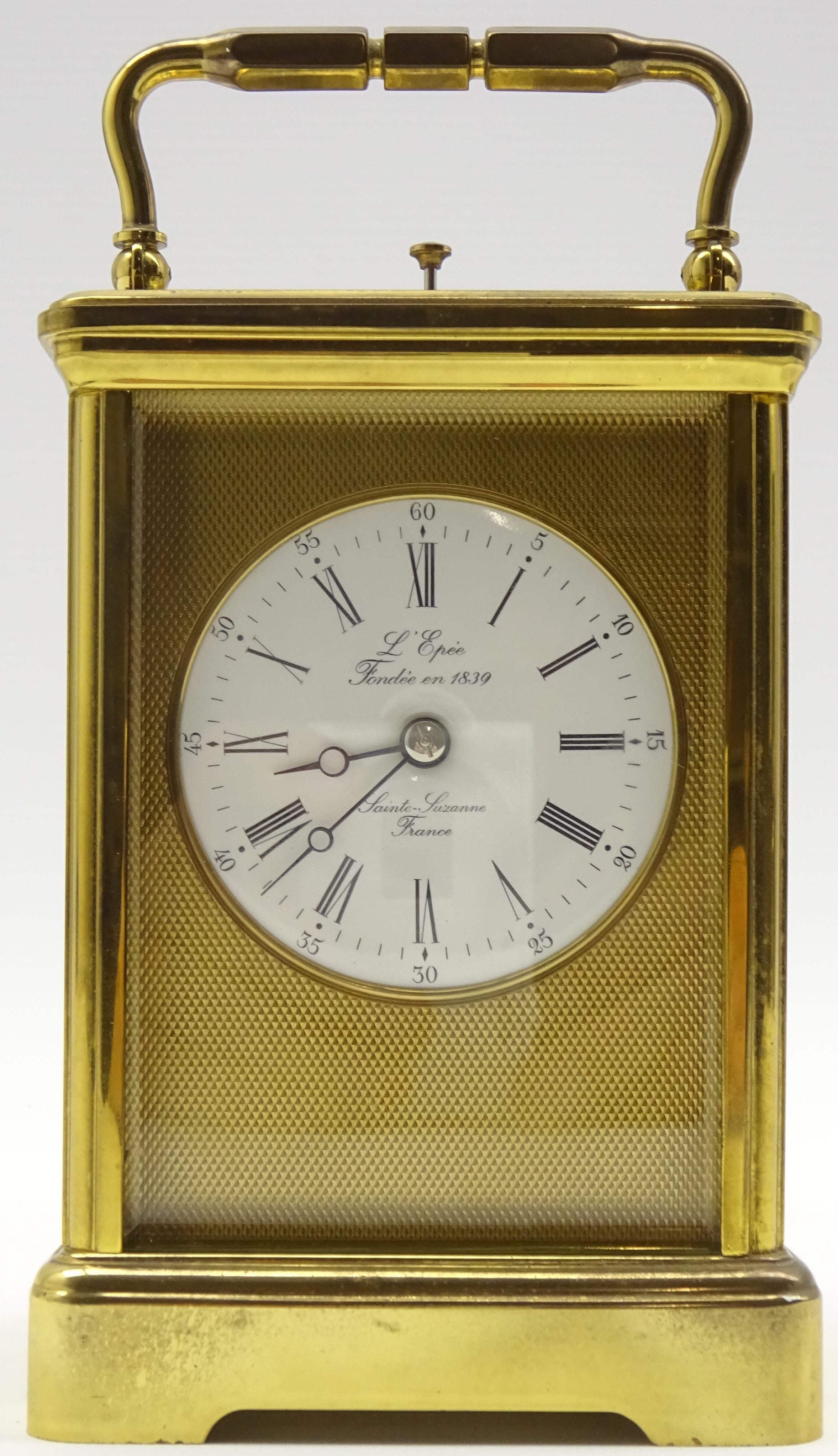 20th Century repeater carriage clock, the white enamel dial inscribed 'L'Epee Saint-Suzanne,
