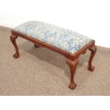 20th century mahogany Chippendale style duet stool, rectangular drop in upholstered seat cushion,