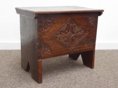 17th century oak plank chest, hinged lid with decorated iron strap hinges,