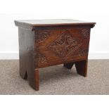 17th century oak plank chest, hinged lid with decorated iron strap hinges,