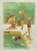 Cath Deeson (British Contemporary): 'Bathing Belles', limited edition linocut no.