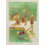 Cath Deeson (British Contemporary): 'Bathing Belles', limited edition linocut no.