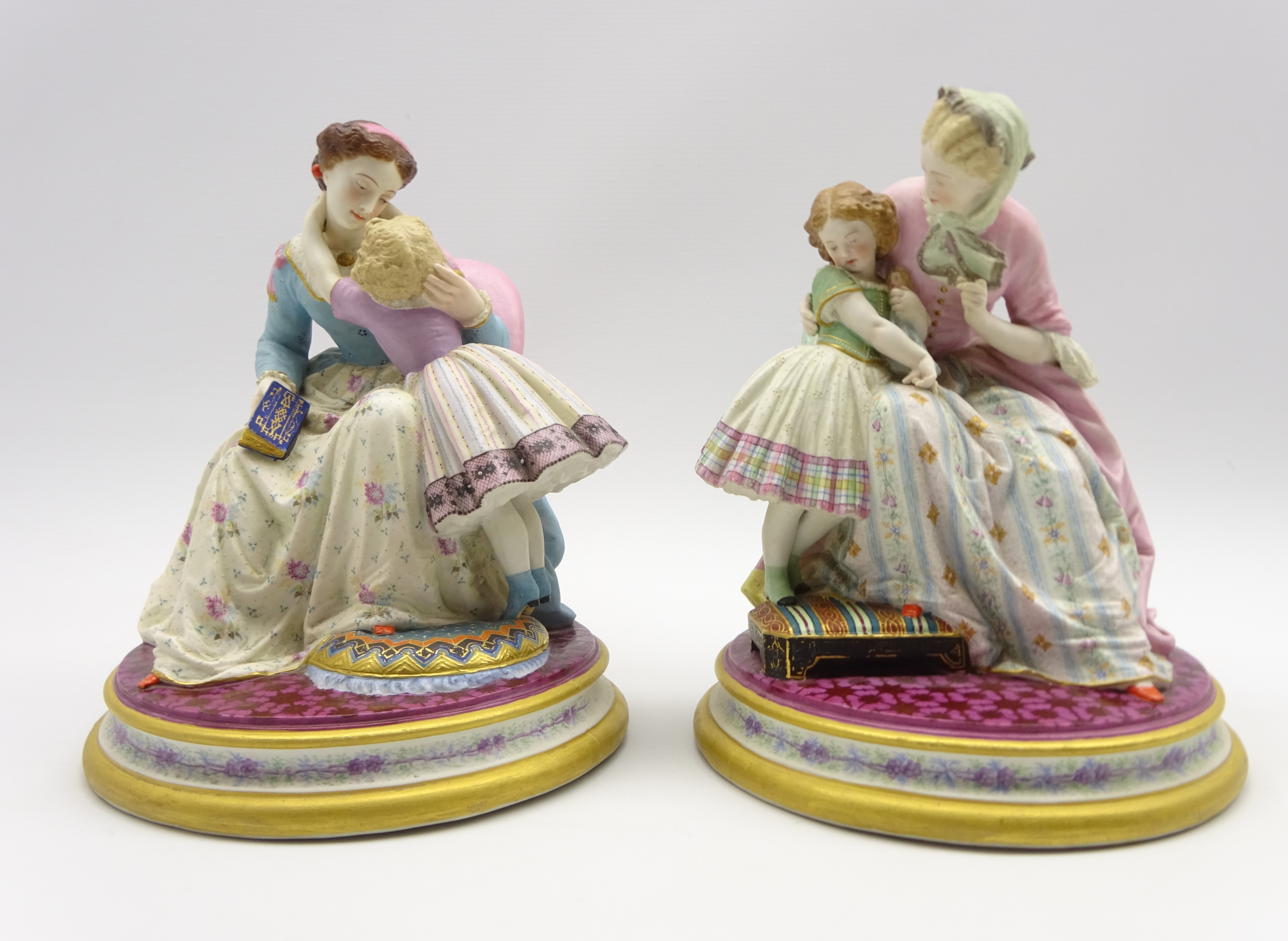 Pair of mid 19th Century Jean Gille Paris bisque porcelain figures of a mother and child on gilt