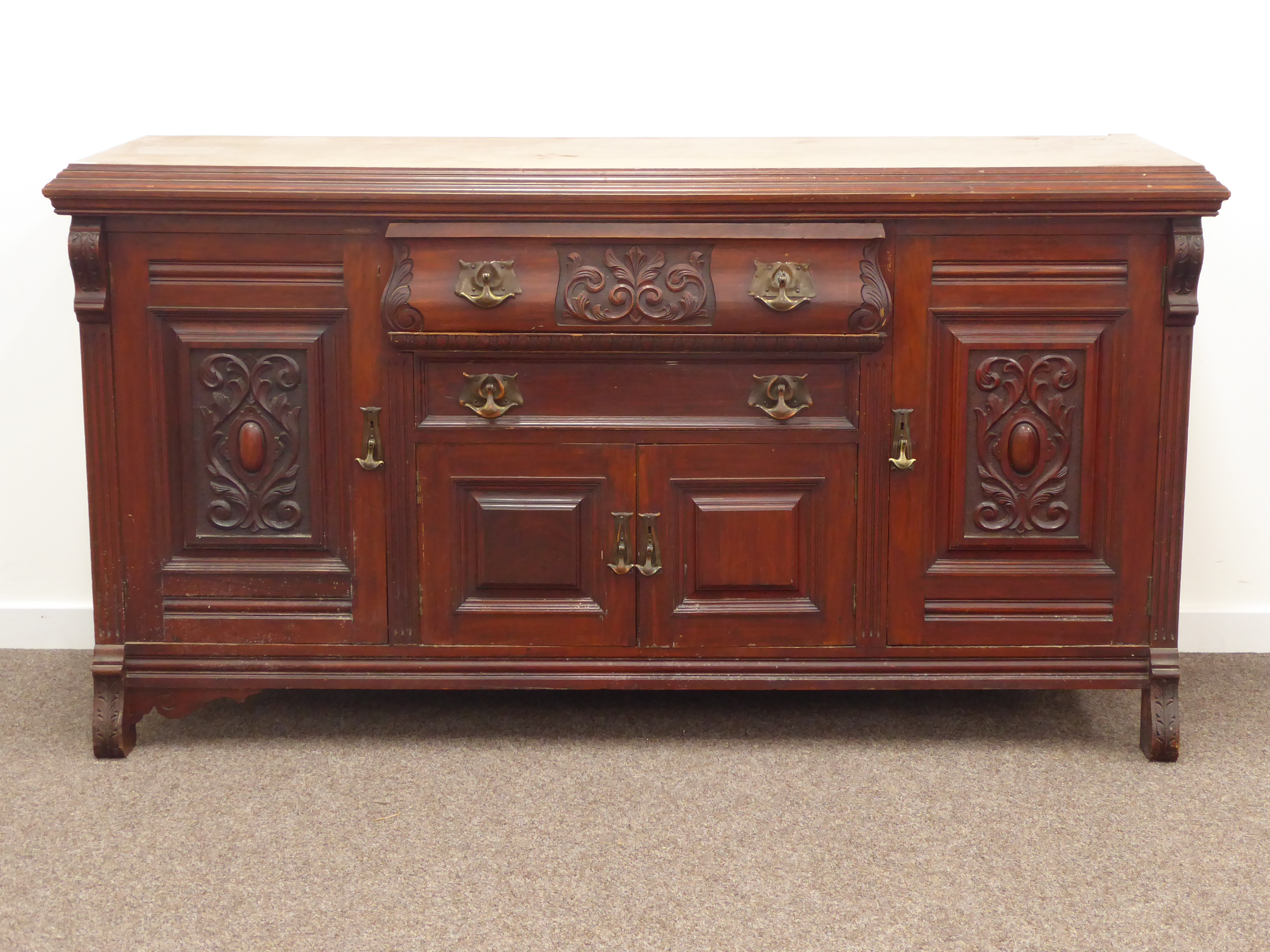 Late Victorian walnut sideboard, moulded rectangular top, two long drawers over double cupboard, - Image 2 of 3