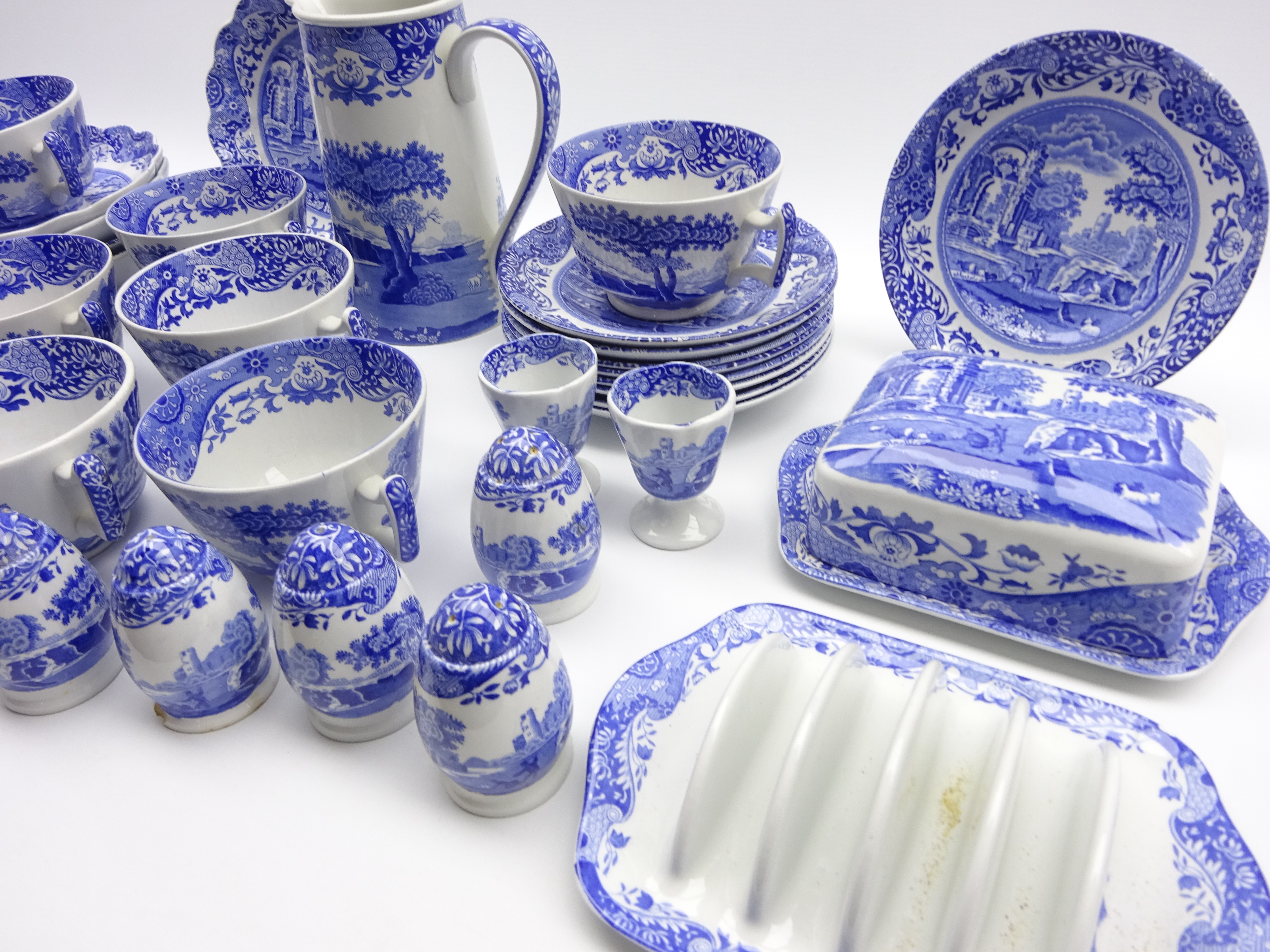 Nine Spode Italian pattern breakfast cups and saucers, butter dish and cover, toast rack, milk jug, - Image 2 of 3