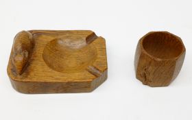 Mouseman oak ashtray by Robert Thompson of Kilburn with carved mouse signature and an oak napkin
