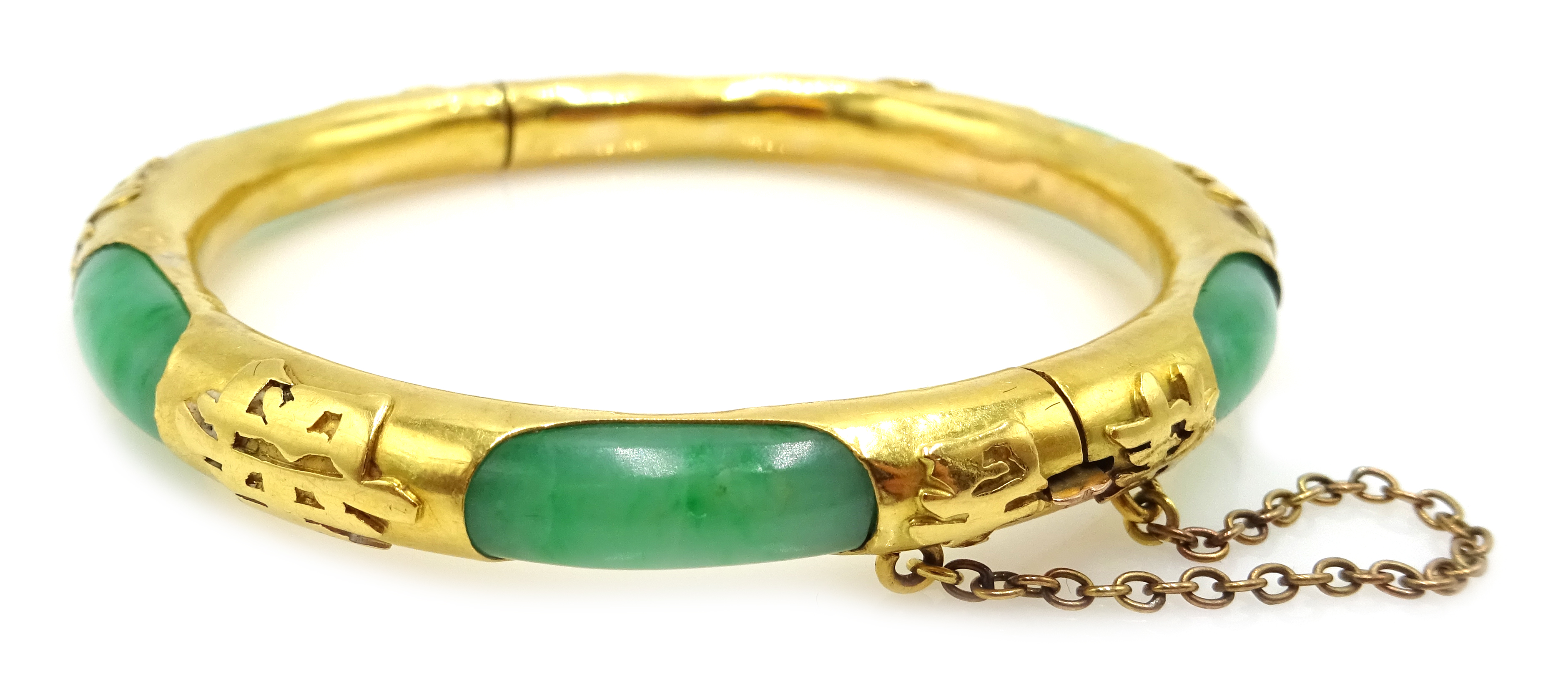 19th century Chinese gold and jade hinged bangle,