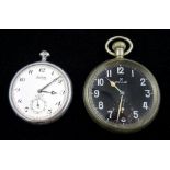 Swiss Montine chrome plated railway pocket watch inscribed on back case B R (M) 750 and one other