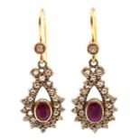 Pair of rose cut diamond and ruby pendant earrings,