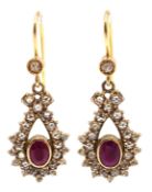 Pair of rose cut diamond and ruby pendant earrings,