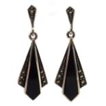 pair of silver marcasite and black onyx pendant earrings,