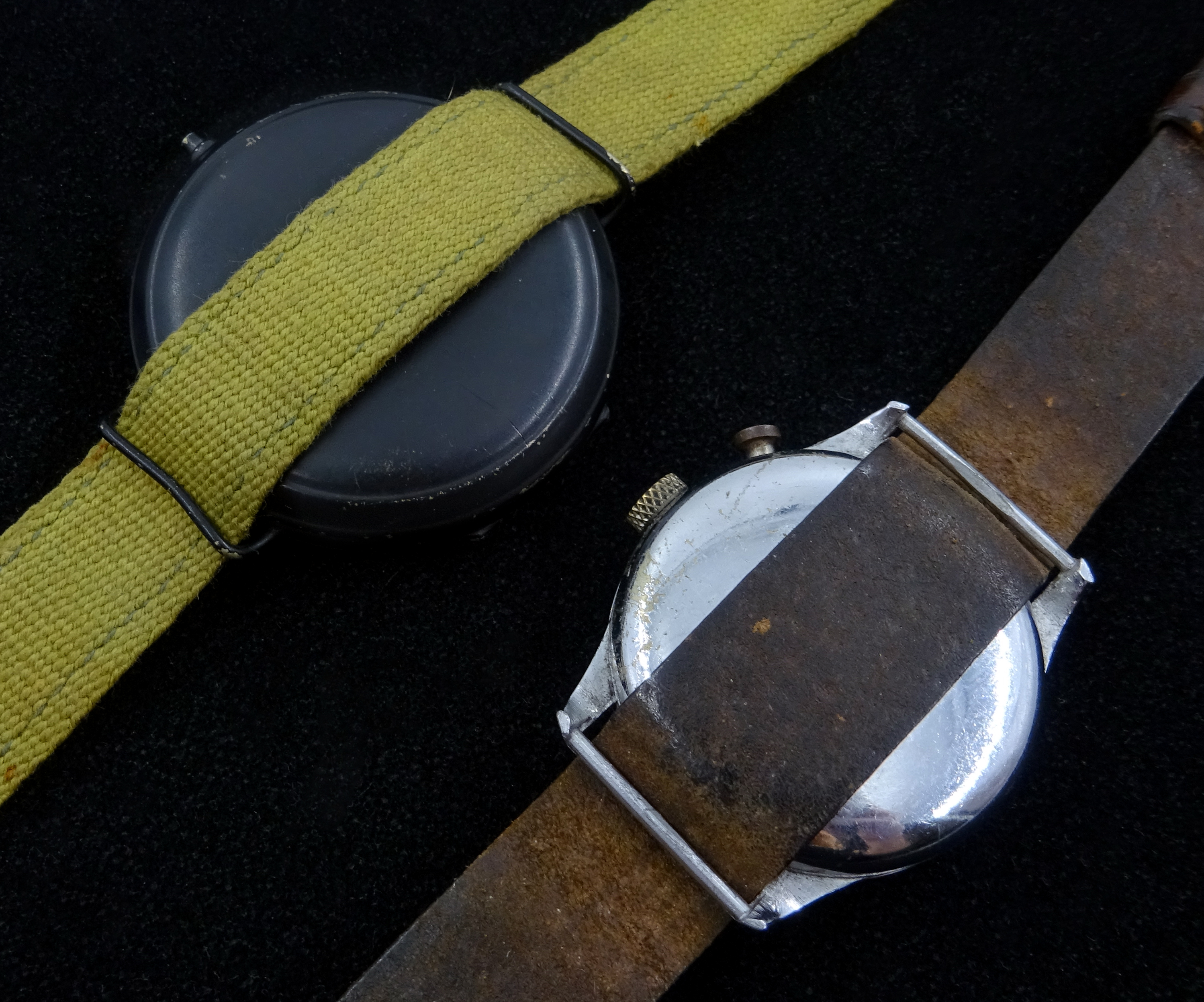 WWII military wrist compass on fabric strap and a wrist stopwatch on brown leather strap (2) - Image 2 of 2