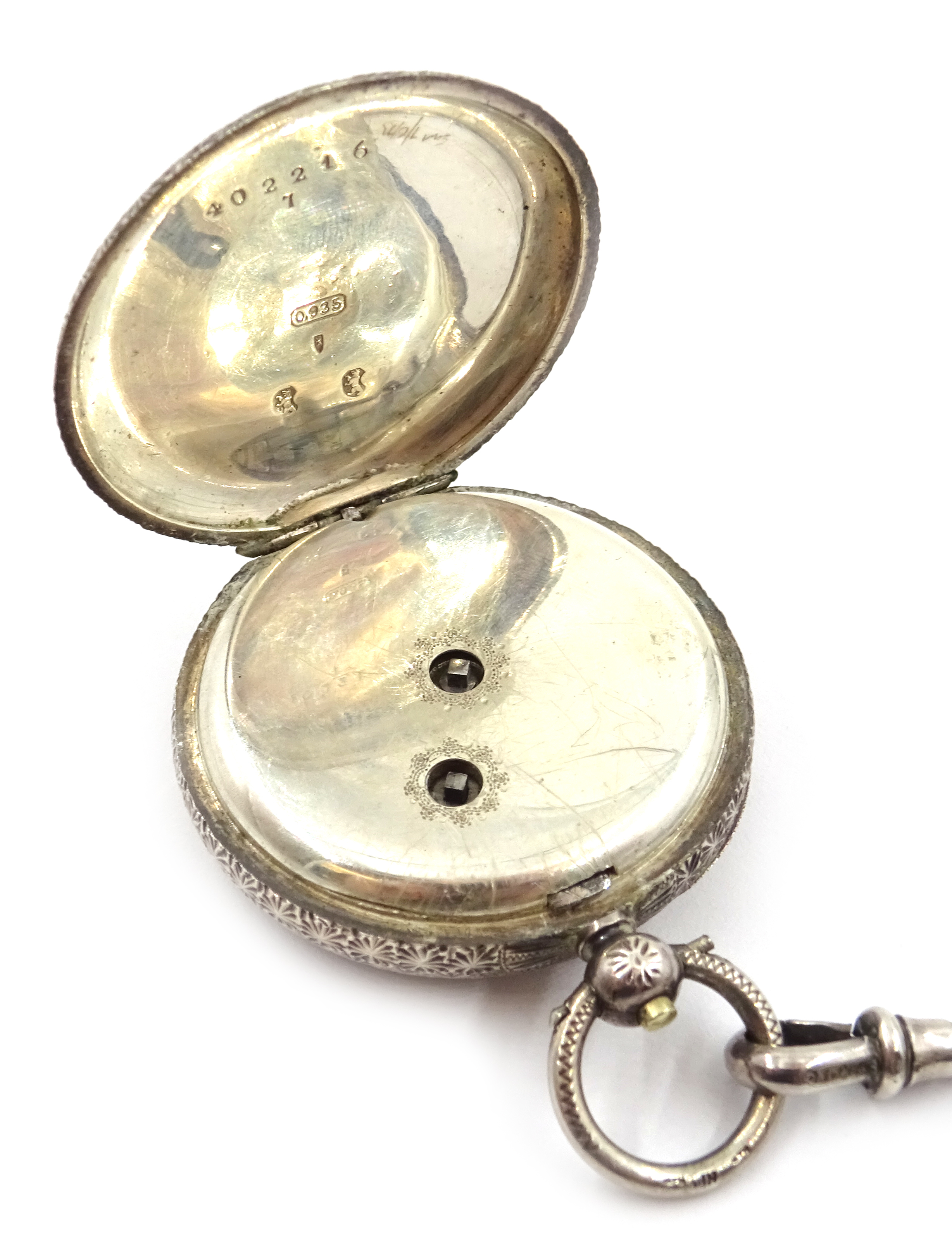 Continental silver 'Triomphe' fob watch, stamped 935 and silver watch chain with stone set fobs, - Image 4 of 4