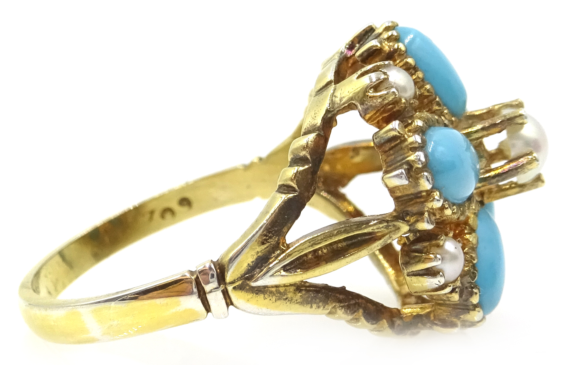 Silver-gilt turquoise and pearl flower ring, - Image 3 of 4