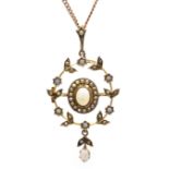 Edwardian 15ct gold (tested) opal and seed pearl pendant/brooch,