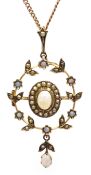 Edwardian 15ct gold (tested) opal and seed pearl pendant/brooch,