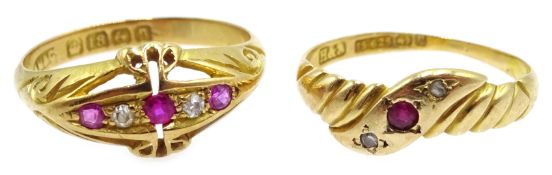 18ct gold ruby and diamond ring, Birmingham 1912 and a similar 15ct gold Victorian ring,