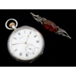 Silver Waltham pocket watch, Birmingham 1912 and a silver amber set brooch,