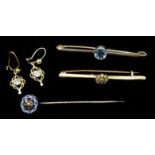 Edwardian gold aquamarine bar brooch, gold seed pearl and aquamarine brooch, stamped 9ct,