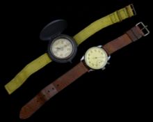 WWII military wrist compass on fabric strap and a wrist stopwatch on brown leather strap (2)